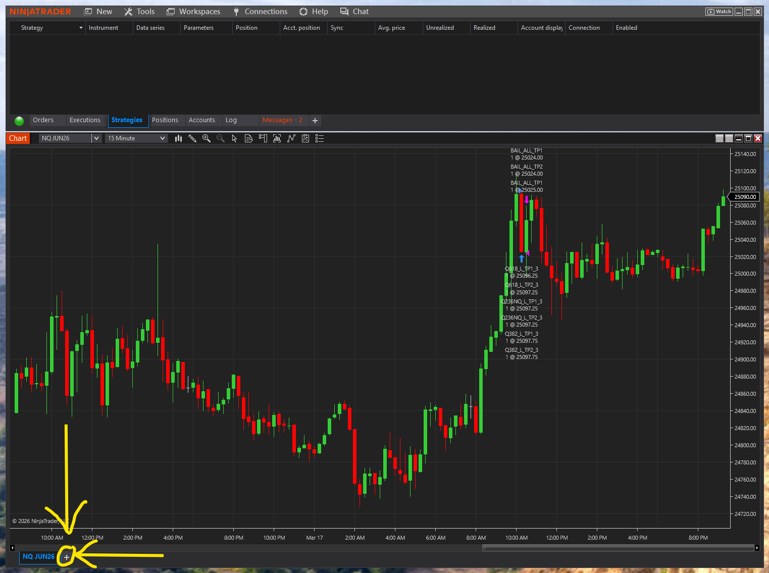 NQ chart with arrow pointing to the + button at bottom to add a new tab