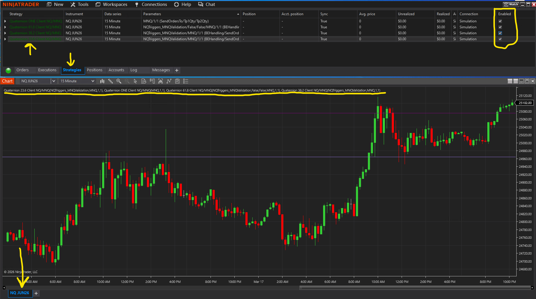 Control Center showing all 4 Quaternion strategies enabled on NQ JUN26 with Simulation connection