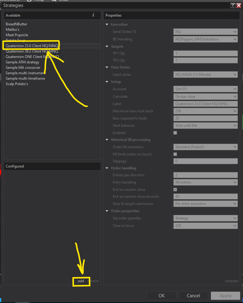 Strategies dialog showing Quaternion 23.6 selected with arrow pointing to add button