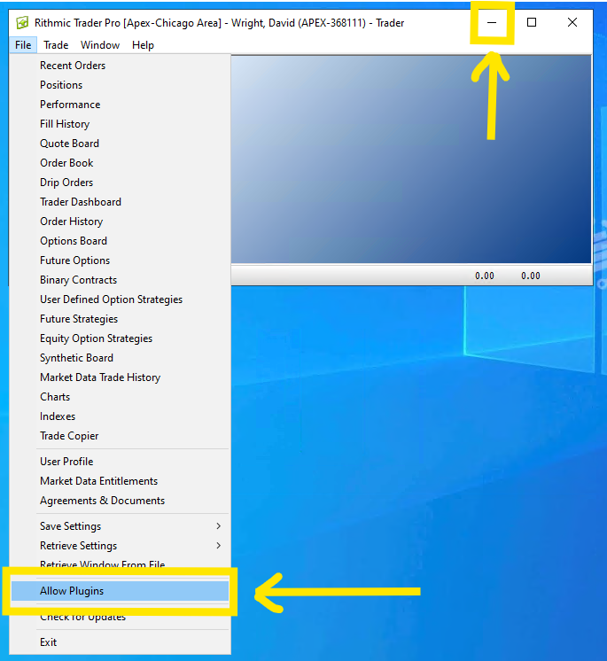 R|Trader Pro File menu - Allow Plugins checked, then minimize