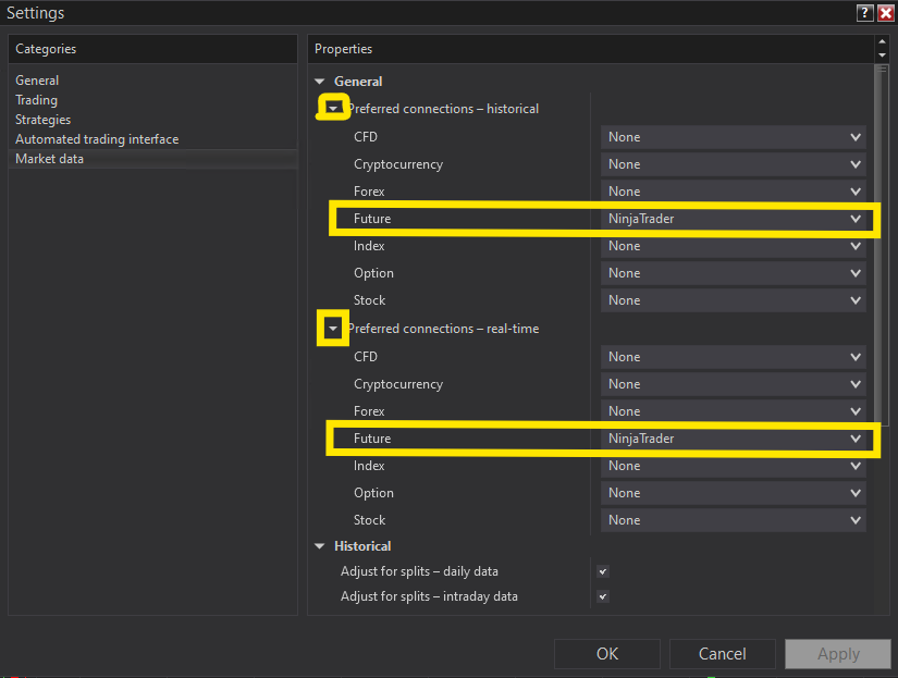 Tools Options - Market Data set to NinjaTrader