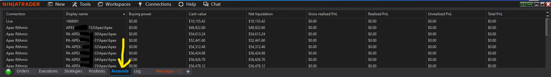 Accounts tab showing connected Rithmic accounts from Apex