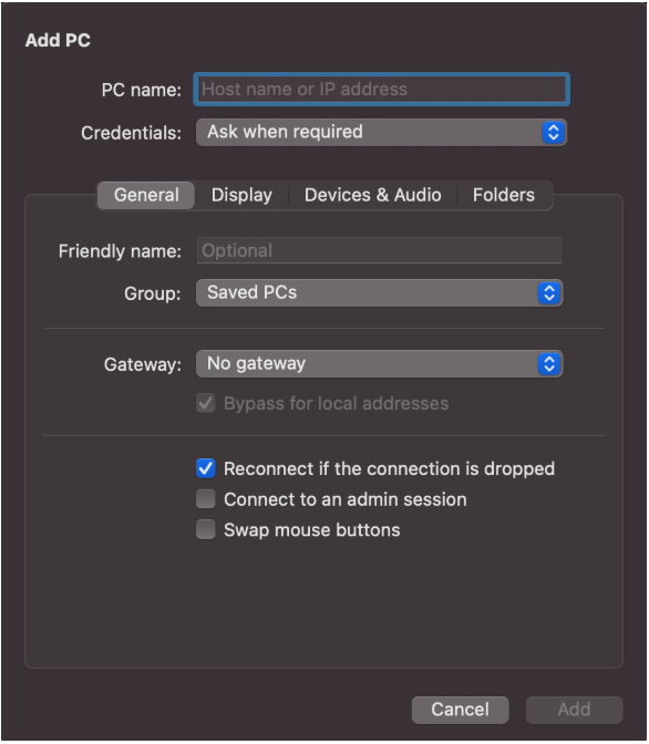 Mac Windows App — click + or Add PC