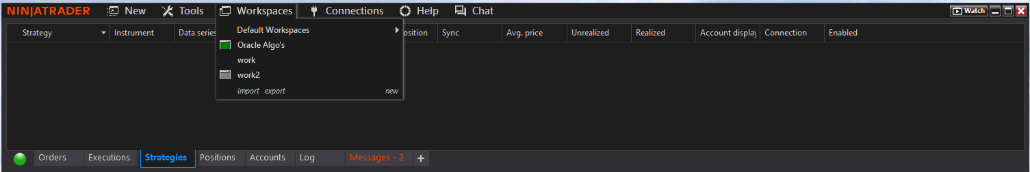 Workspaces menu showing Oracle Algo's workspace created