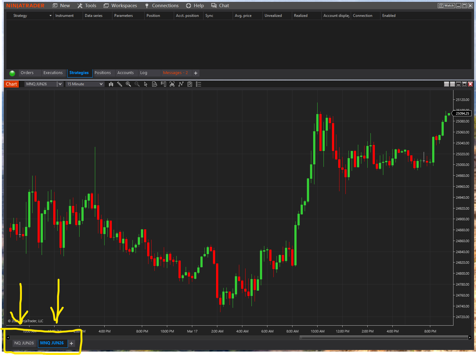 Chart window showing NQ JUN26 and MNQ JUN26 tabs at the bottom