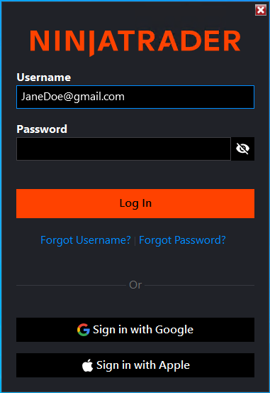 NinjaTrader sign-in screen prompting for email and password