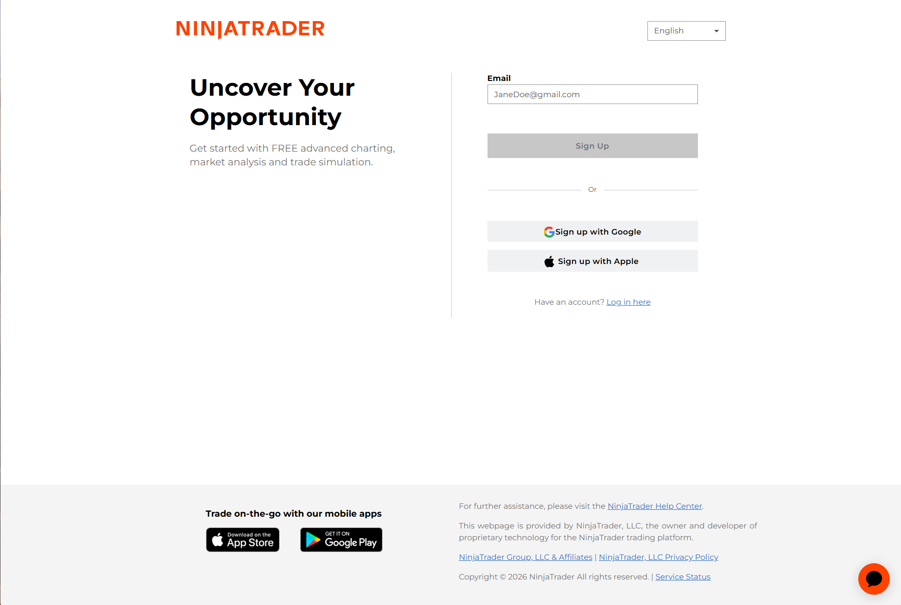 NinjaTrader sign up page - enter your email