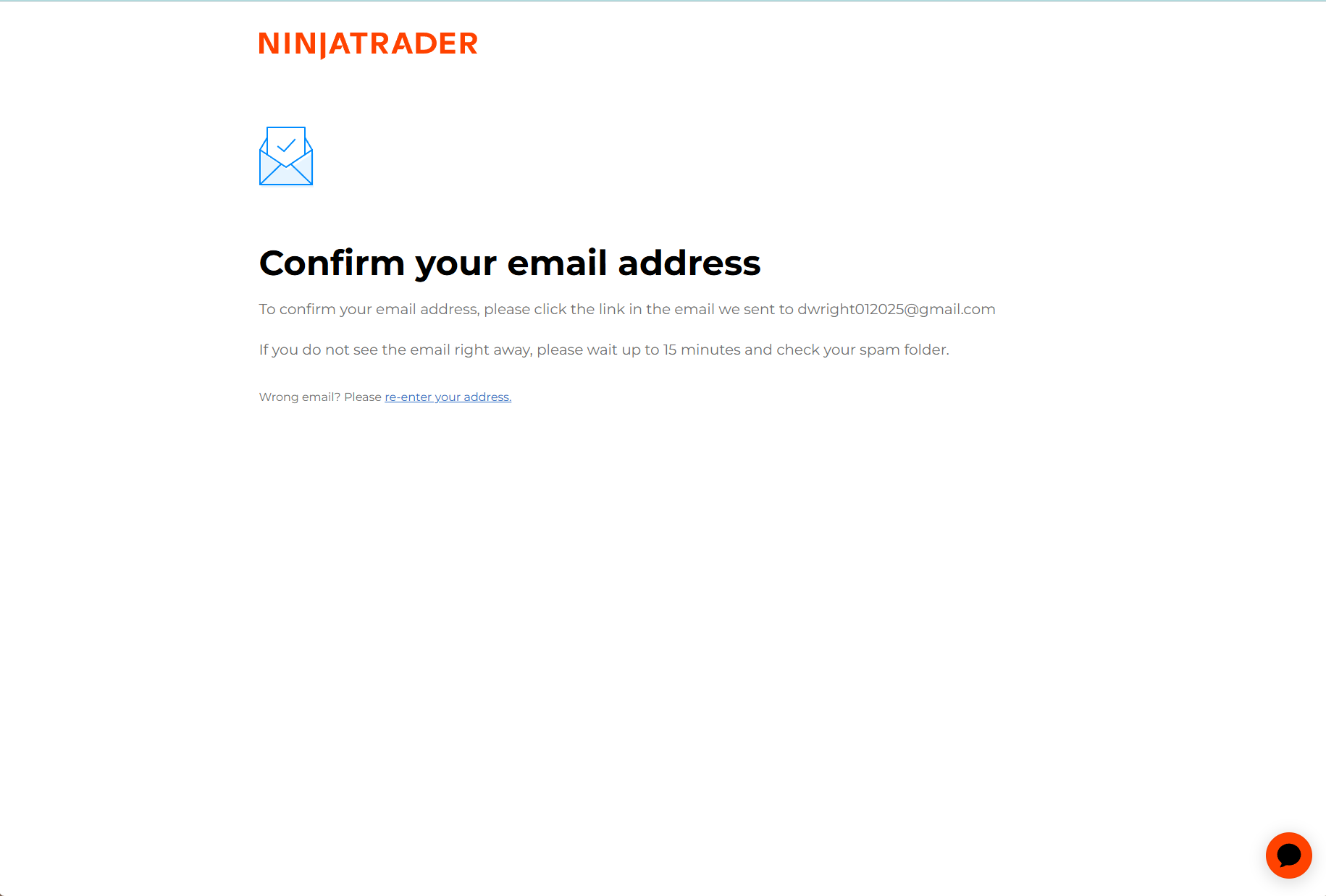 NinjaTrader confirm your email address page