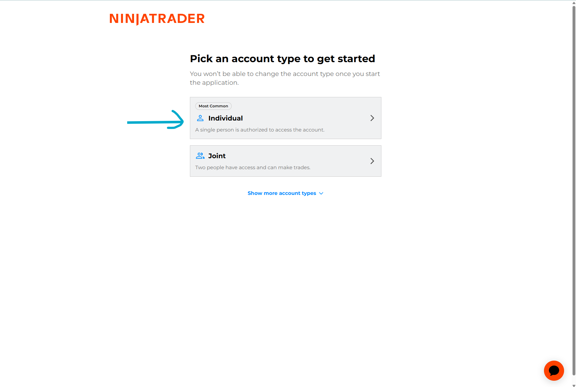 NinjaTrader pick account type - select Individual