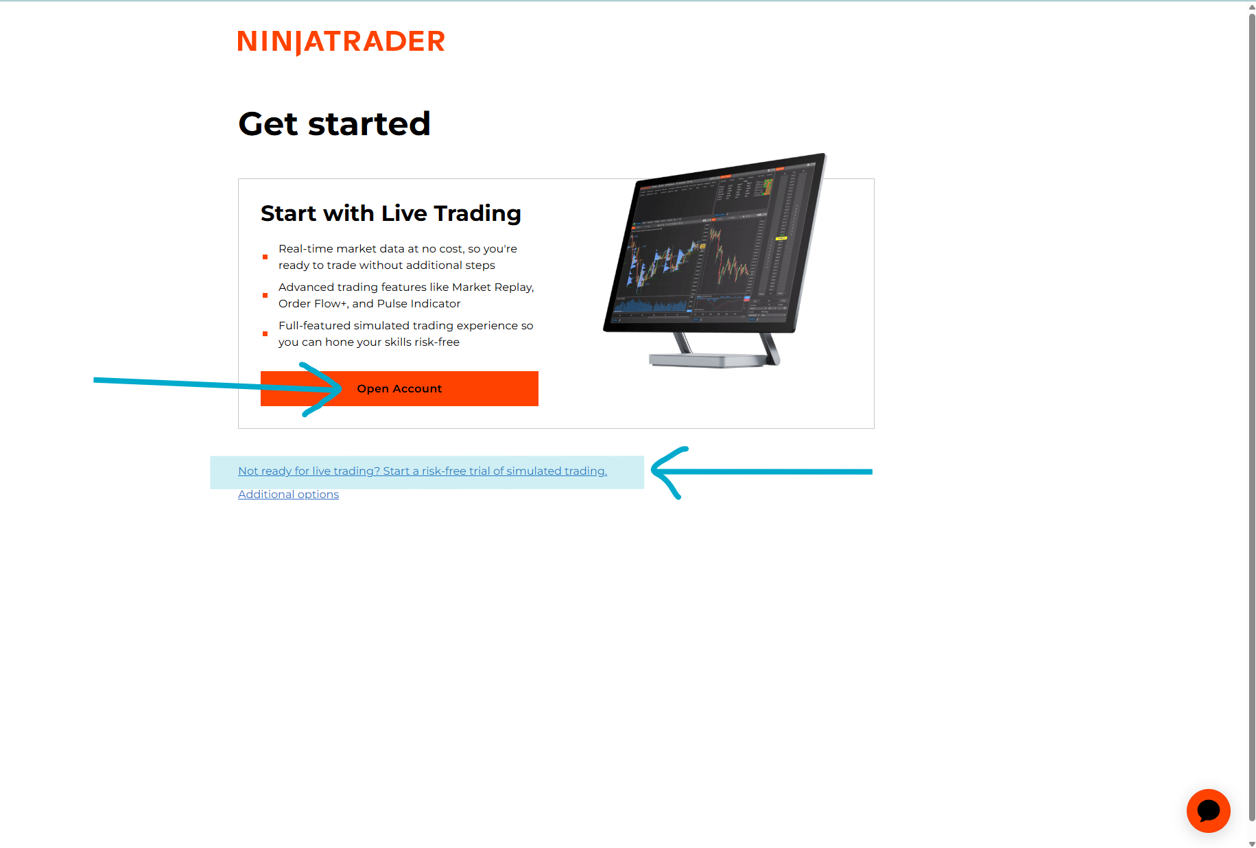 NinjaTrader Get Started - Live or Sim options