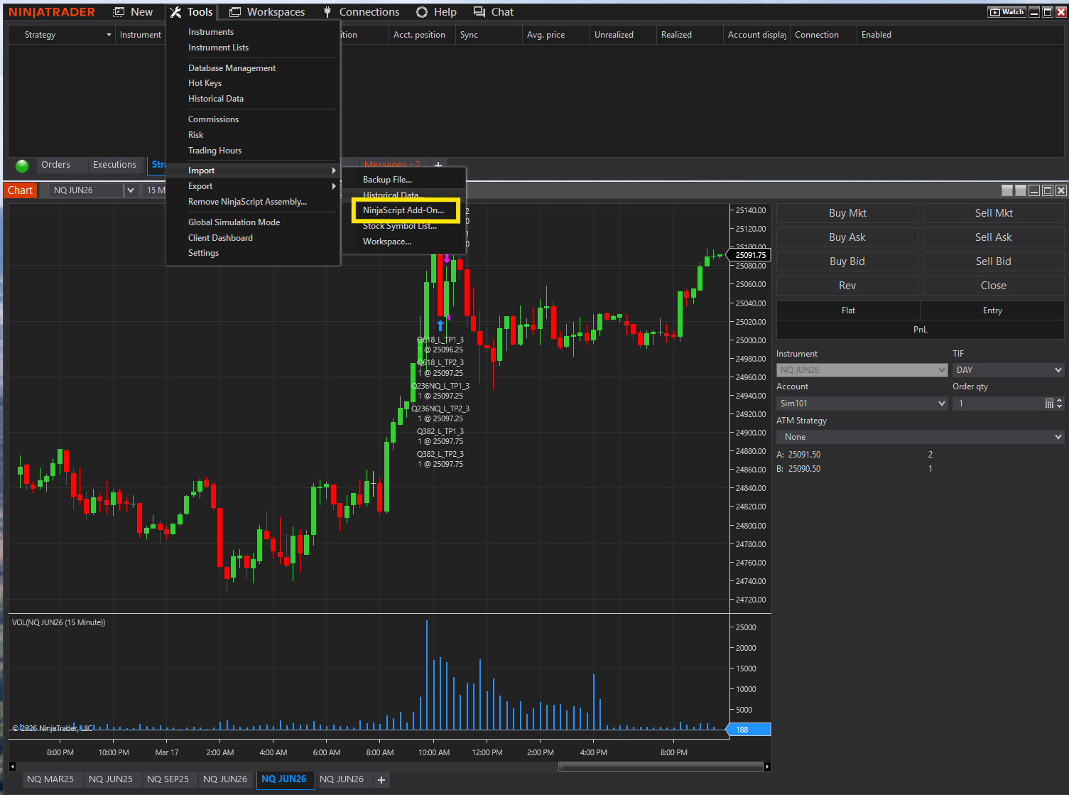 Tools menu → Import → NinjaScript Add-On highlighted