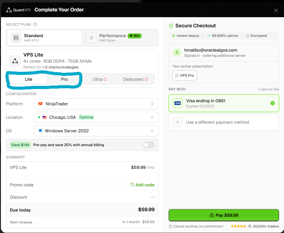 QuantVPS checkout — Lite/Pro selection and configuration
