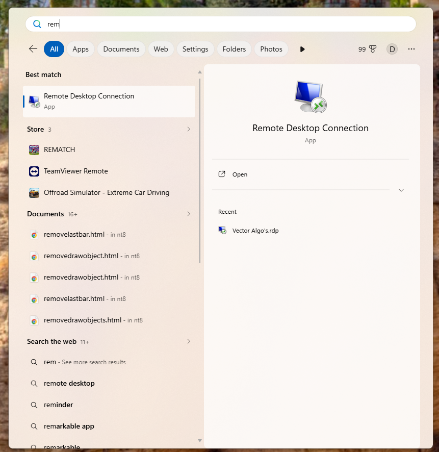 Windows search bar — type Remote Desktop