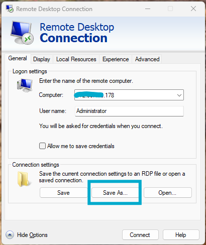 Show Options expanded — enter username