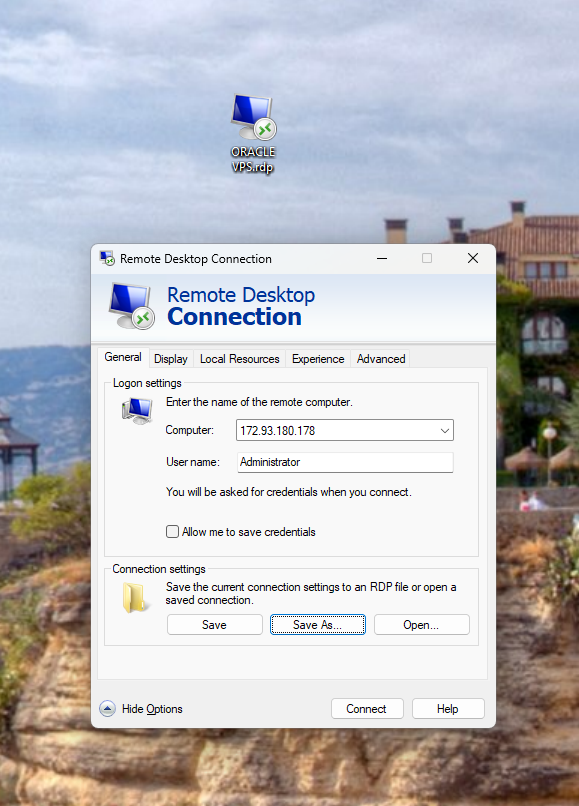 Save As dialog — save ORACLE VPS to Desktop