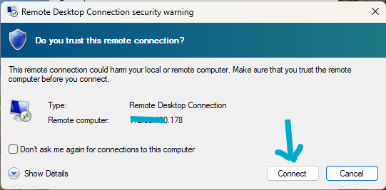 Remote Desktop — click Connect