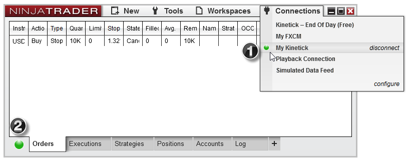 Control Center status bar showing connection state