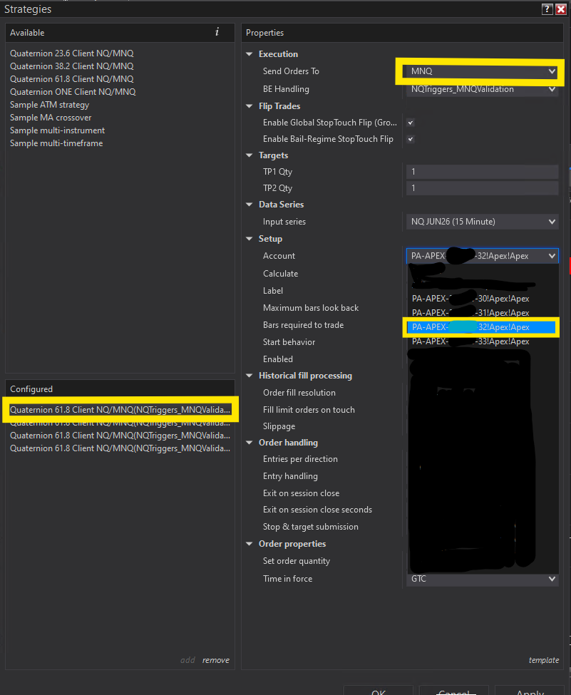 Strategy properties &mdash; select account and set Send Orders To MNQ