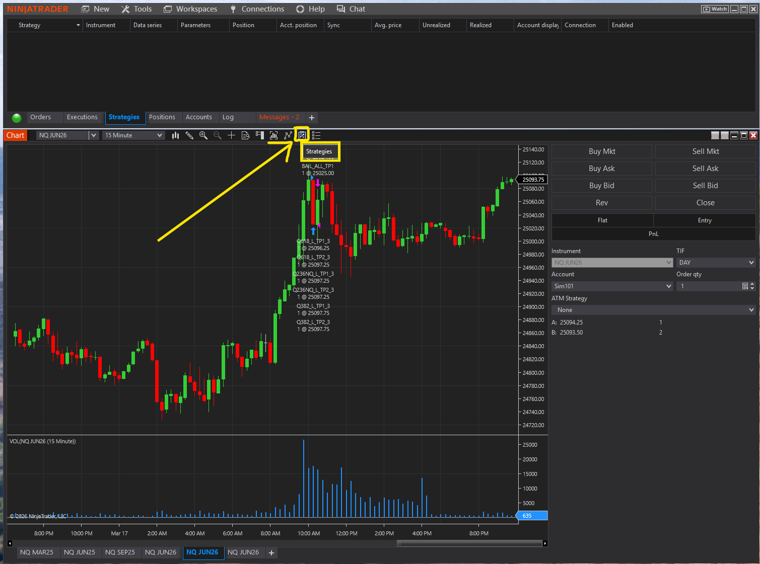 NQ chart with arrow pointing to Strategies icon in toolbar