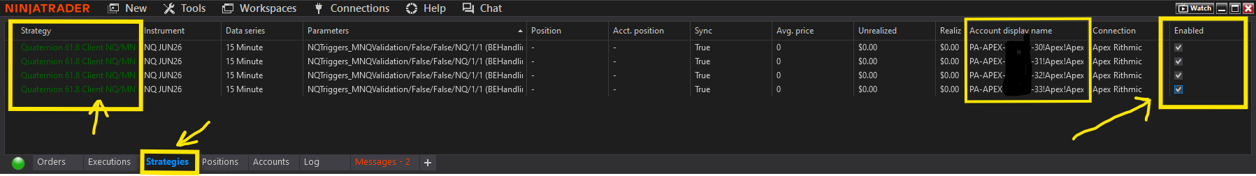 Strategies tab &mdash; multiple accounts with all algos enabled