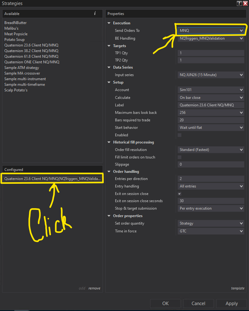 Strategies dialog with Send Orders To changed to MNQ, highlighted