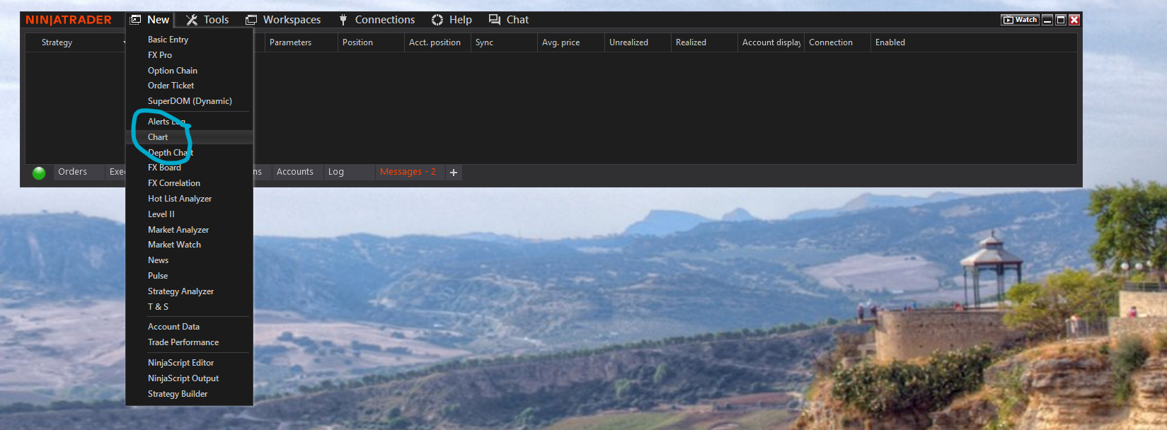 New menu open with Chart highlighted