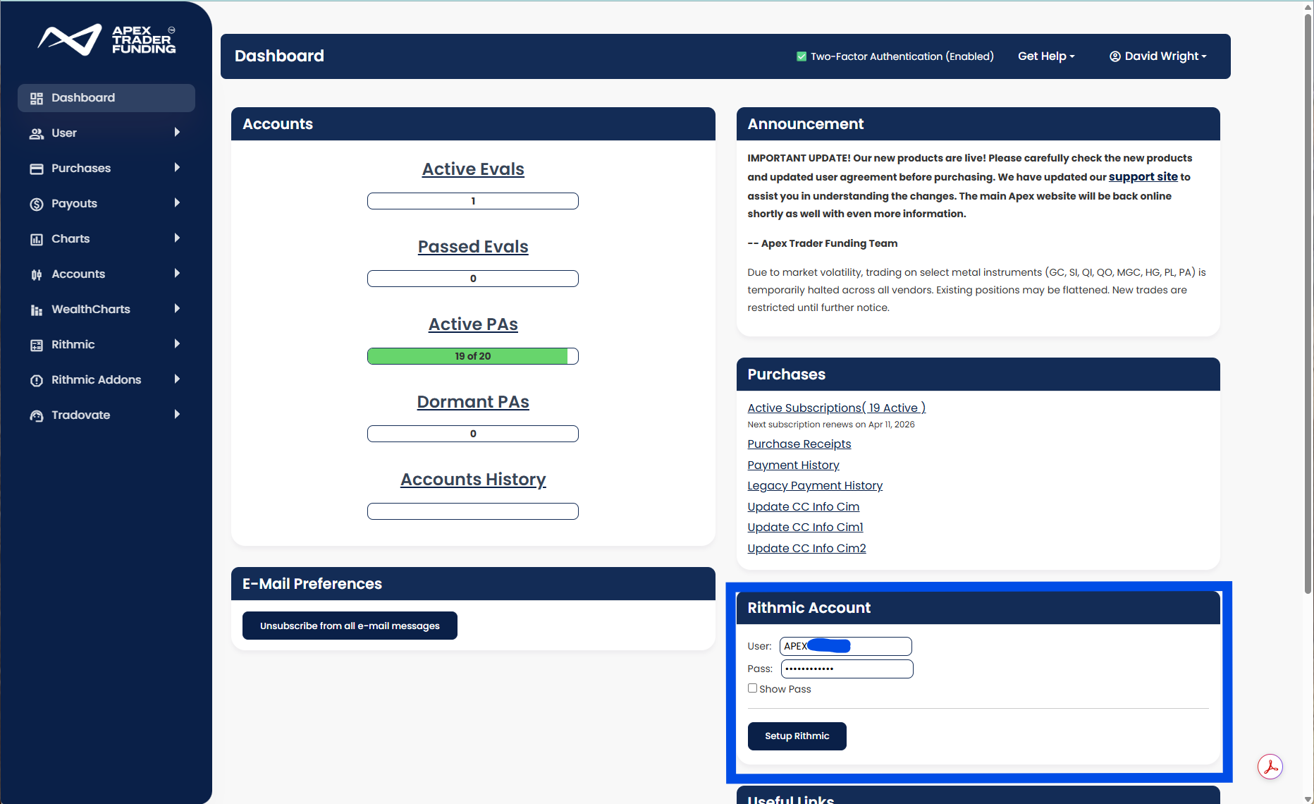 Apex dashboard showing Rithmic connection credentials