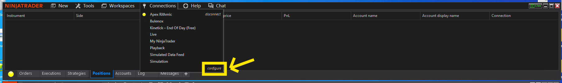 NinjaTrader Connections menu showing configure option