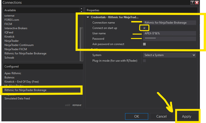 NinjaTrader connection configuration - add new, rename, enter Rithmic credentials