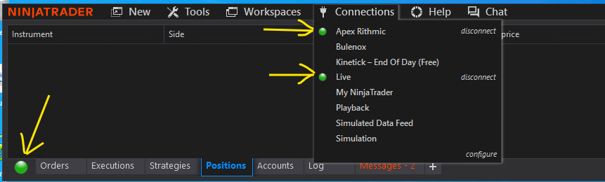 Green connection indicators showing successful connection