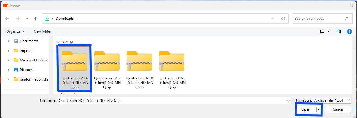 File browser showing all four Quaternion zip files in Downloads