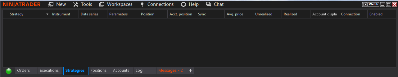 NinjaTrader Control Center with Strategies tab selected