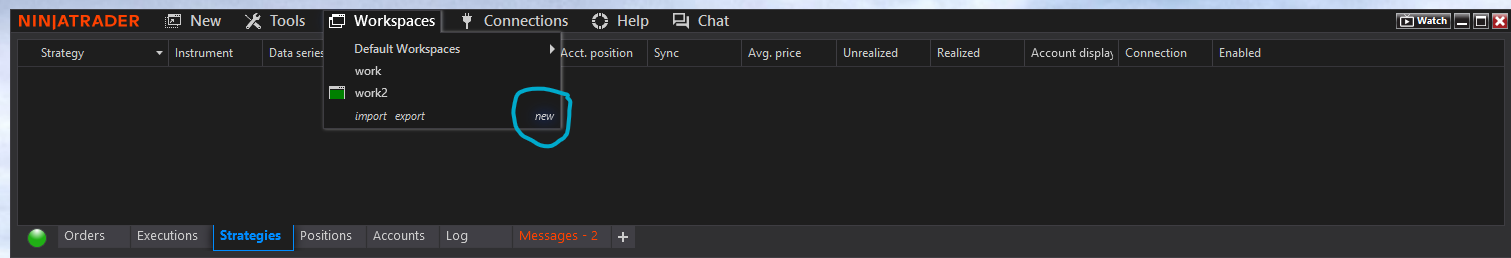 Workspaces menu with new option highlighted