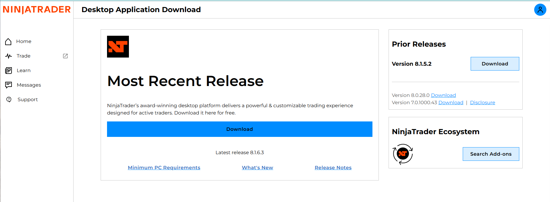 NinjaTrader Desktop Application Download page - click the blue Download button