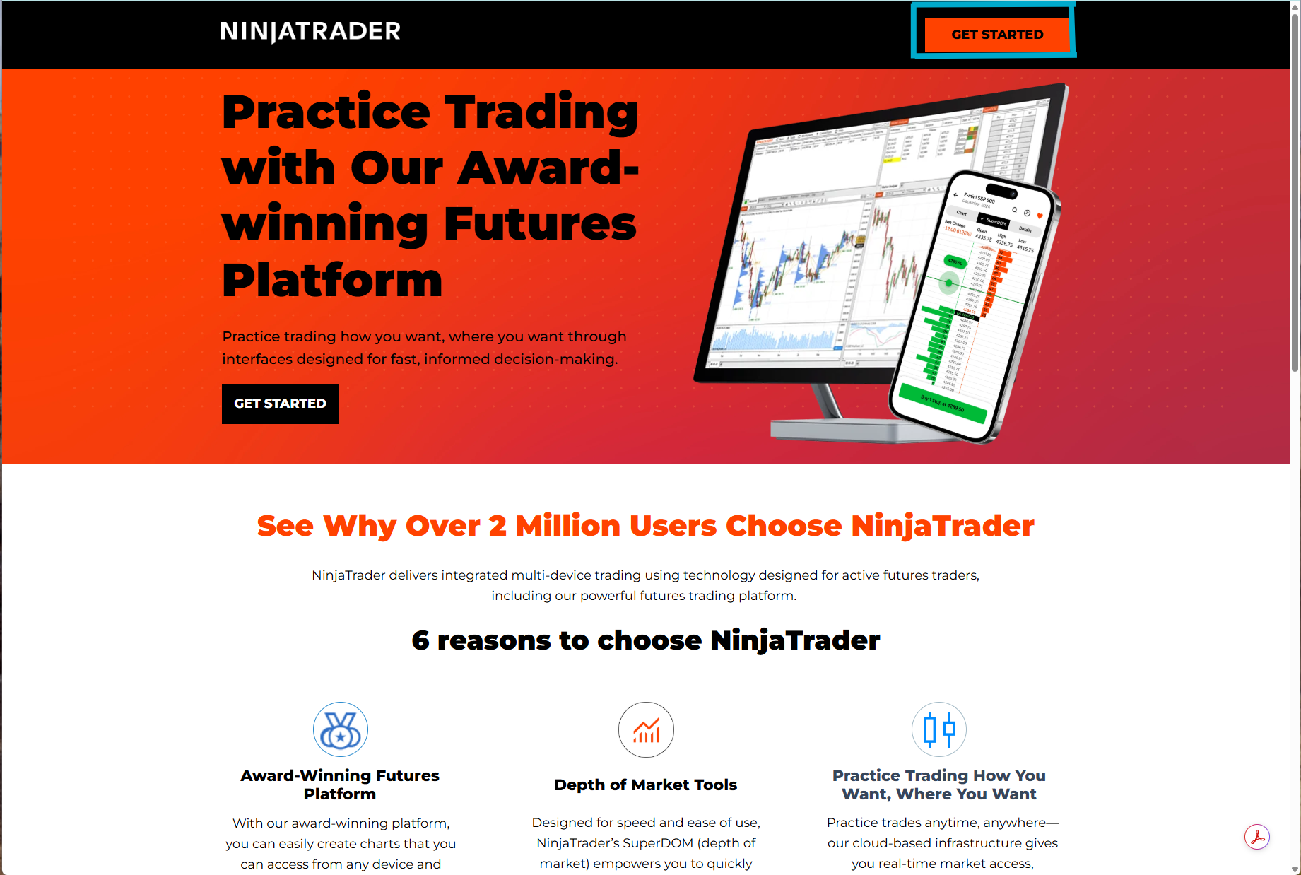 NinjaTrader landing page - click GET STARTED in the top right