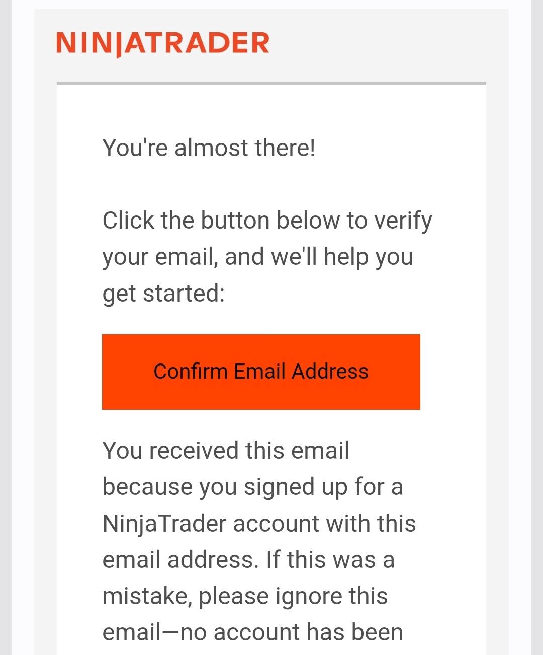 NinjaTrader verification email - click Confirm Email Address