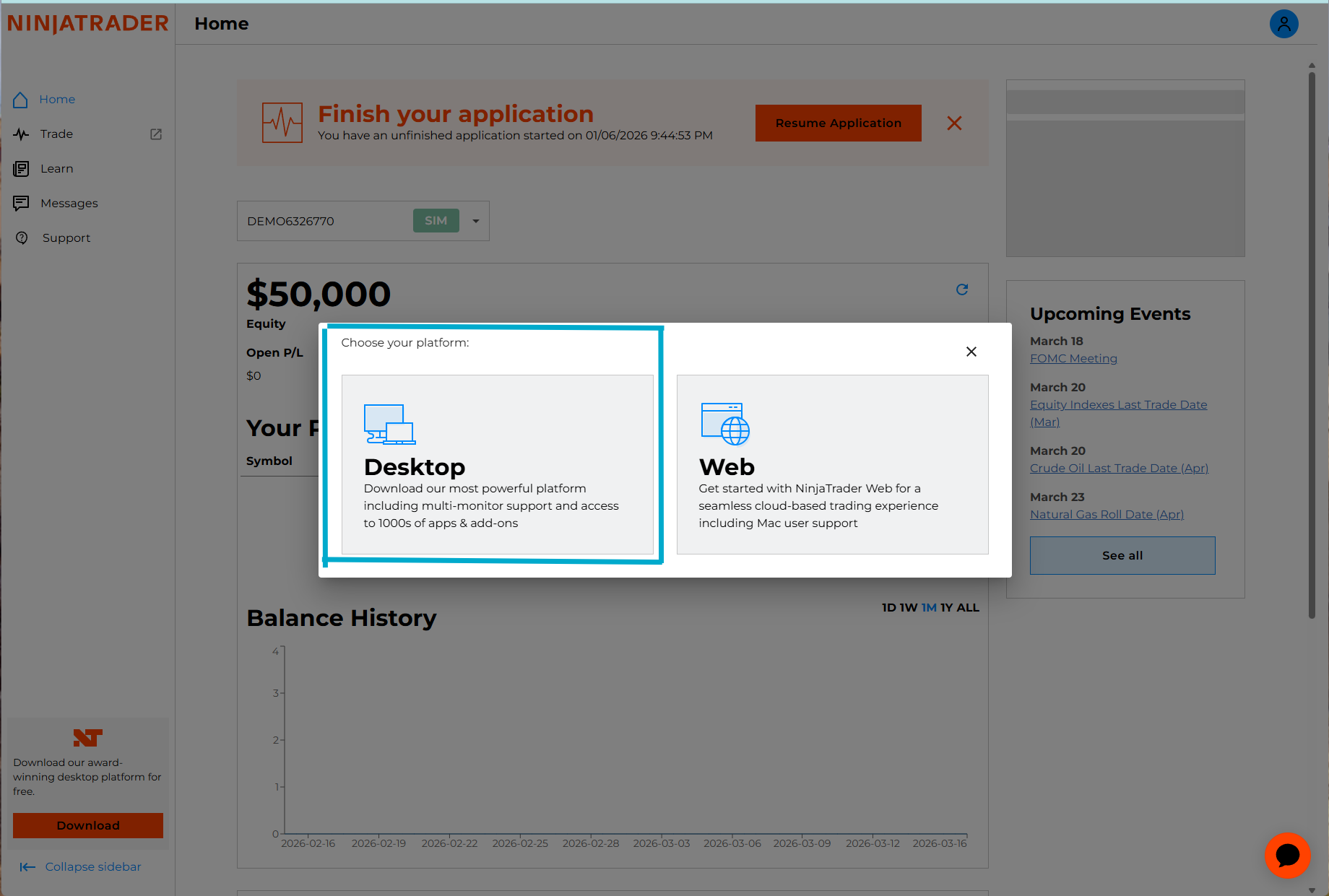 NinjaTrader choose platform - select Desktop