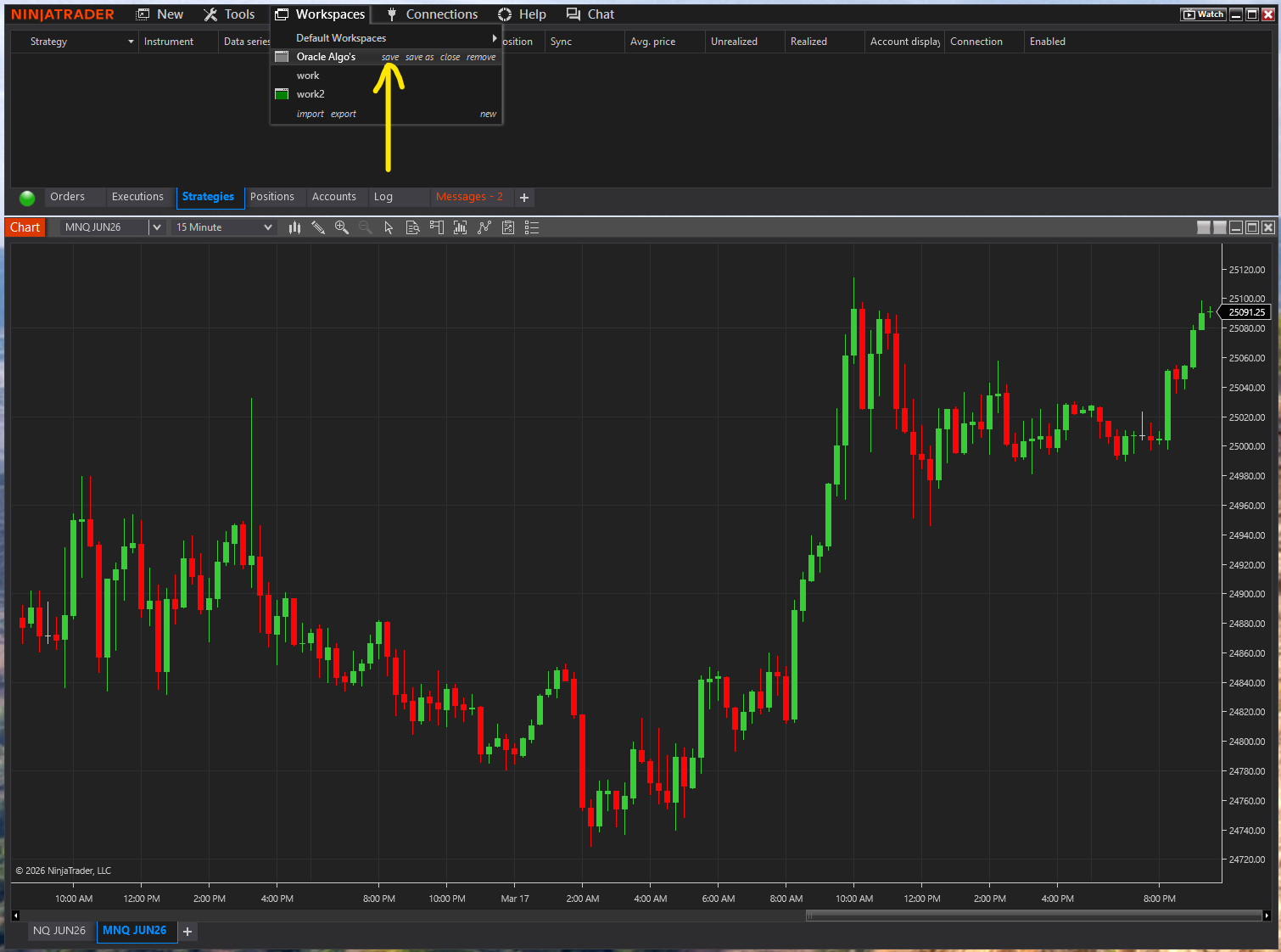 Workspaces menu showing save option next to Oracle Algo's