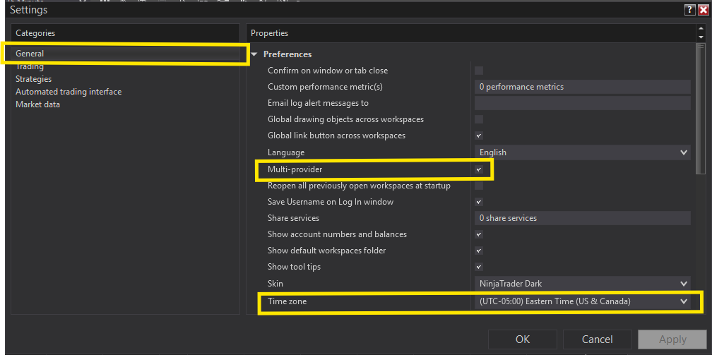 NinjaTrader Settings General tab showing Multi-provider checkbox enabled and Time zone set to Eastern Time
