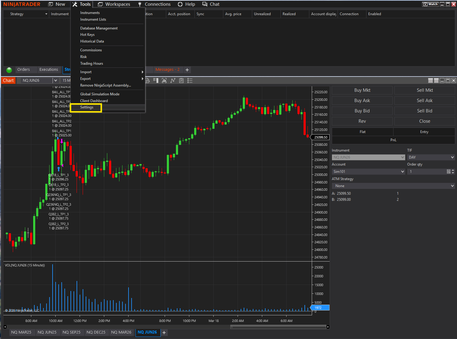 NinjaTrader Tools menu with Settings highlighted at the bottom