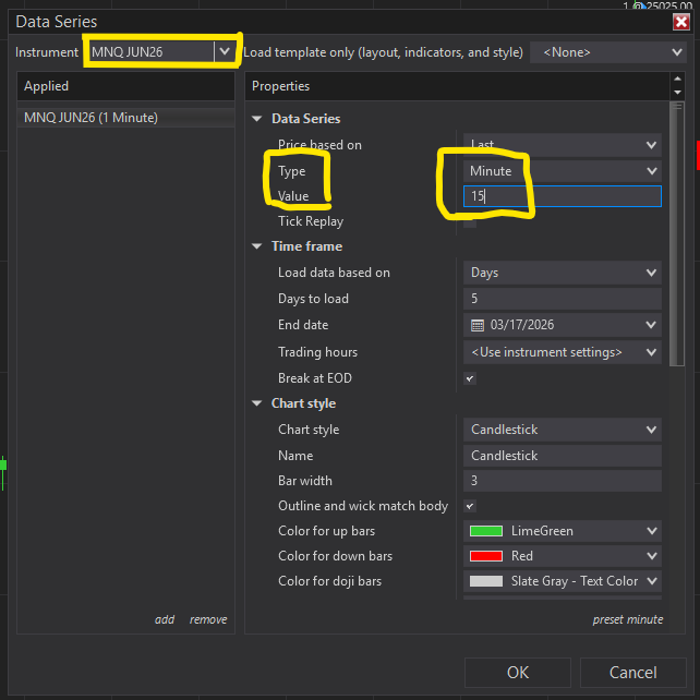 Data Series dialog with MNQ JUN26, Type: Minute, Value: 15 highlighted