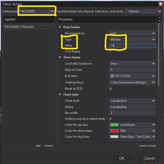Data Series dialog with NQ JUN26 selected, 1 Minute