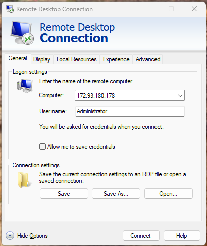 Remote Desktop Connection — enter IP address