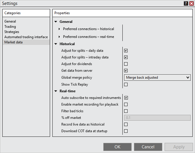 Market Data settings